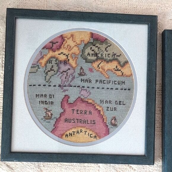 Vintage Framed Handmade Needlework Old World Map Embroidery Art Set of 2 - Picture 5 of 12